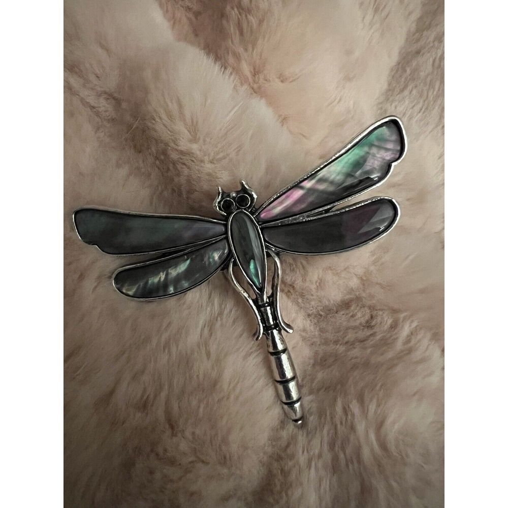 Dragonfly Rainbow Mother of‎ Pearl Shell Silvertone Brooch Pin New